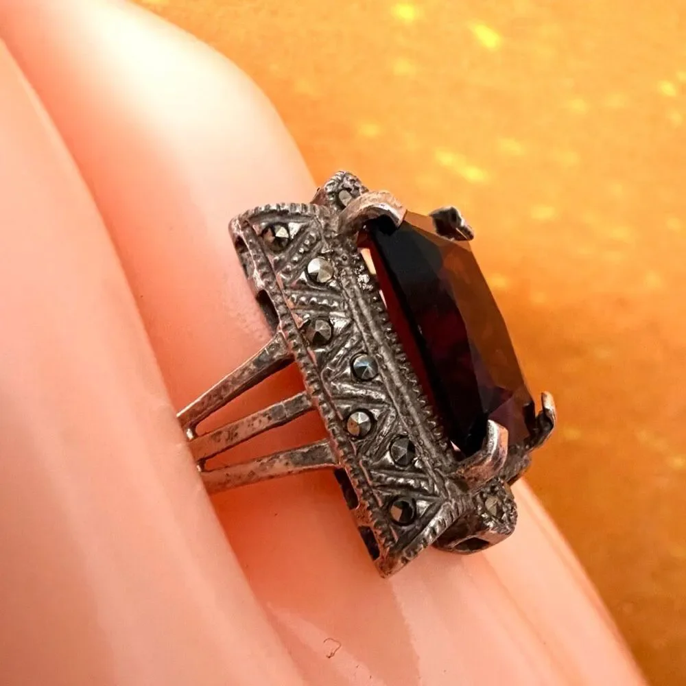 Vintage Sterling Silver Art Deco Style Marcasite & Glass Cocktail Ring